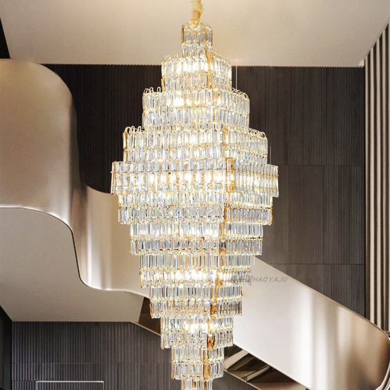 复式楼方形水晶大吊灯n轻奢水晶灯高端别墅大灯loft客厅楼梯长吊