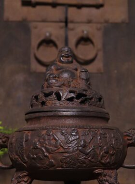 纯铁熏香炉器仿古三古足双耳中式法古典工艺弥勒佛装饰摆件会所铁