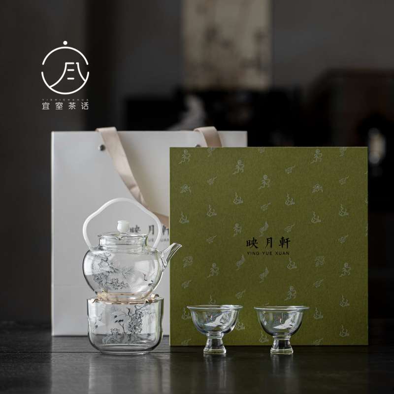 宜室茶话松鹤玻璃茶壶蜡烛台加热底座煮茶炉一壶二杯茶具套装送礼