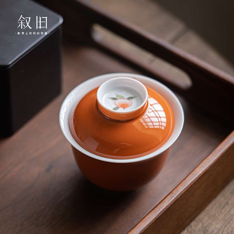 叙旧 色釉白瓷盖碗珊瑚红大号手工功夫三才茶碗陶瓷茶具敬茶碗