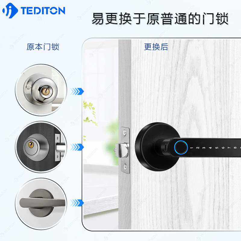 跨境热卖美式房间门执手锁一握即开把手指纹密码锁APP把手智能锁