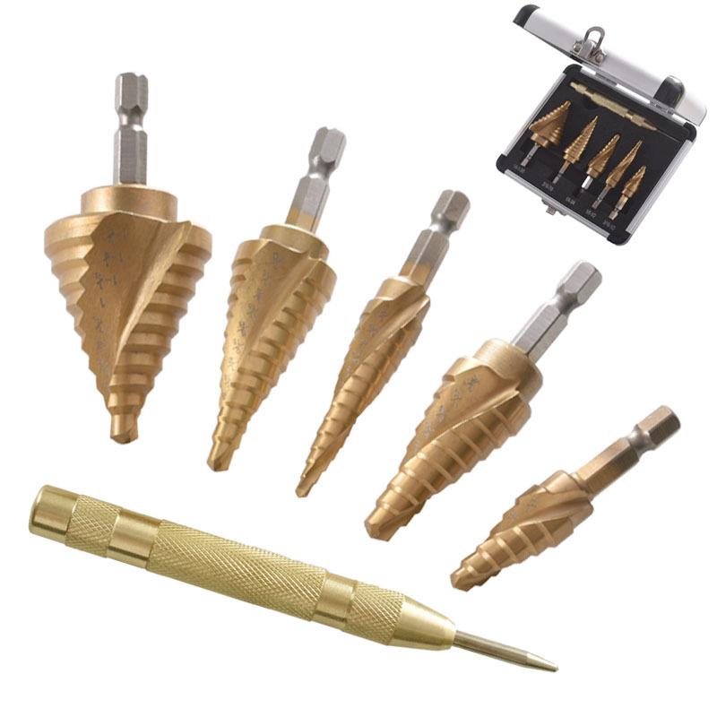 6pcs英制宝塔钻手电钻打孔工具螺旋阶梯钻头定位中心冲套装打洞