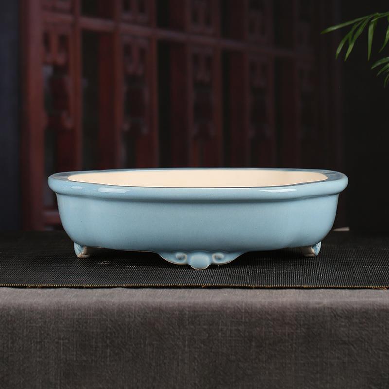 宜兴紫砂花盆大号复古三脚莲花浅盆桌面落地盆景装饰文竹YD07