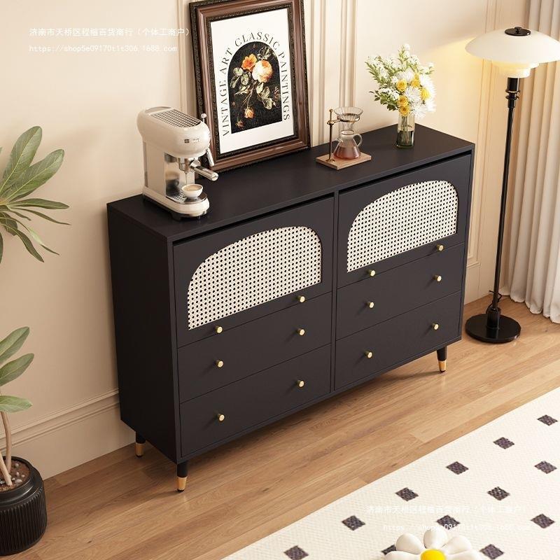 新款黑色藤编斗柜餐边柜法式复古客厅餐厅靠墙收纳柜多功能储物柜