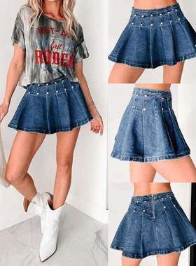 2025年跨境欧美式夏季 辣妹铆钉复古a字百褶女士牛仔半身短裙8947