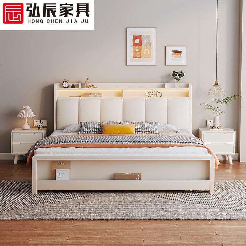 白色床头全实木大床现代简约奶油风轻奢卧室双人床家用