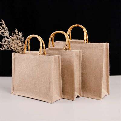 Portable Burlap Jute Shopping Bag Handbag Bamboo Loop