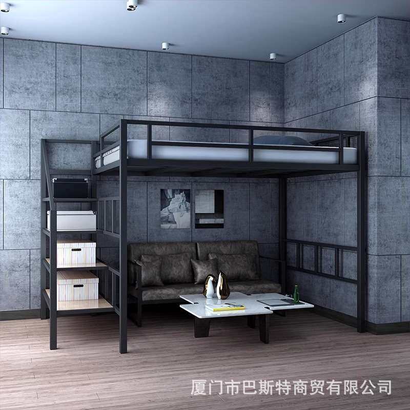铁艺双人上层下空铁架小楼阁式架空室内高架双层上床下桌床北欧风