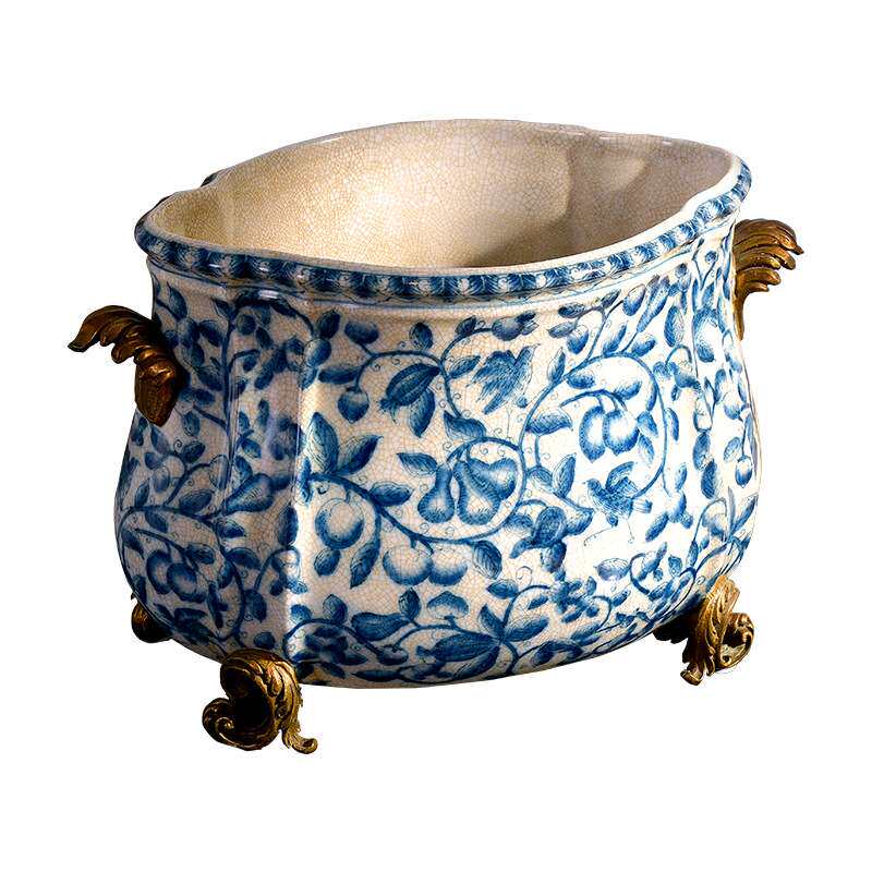 欧美陶瓷配铜双耳花盆冰桶玄关工艺饰品古典奢华别墅客厅餐厅摆件