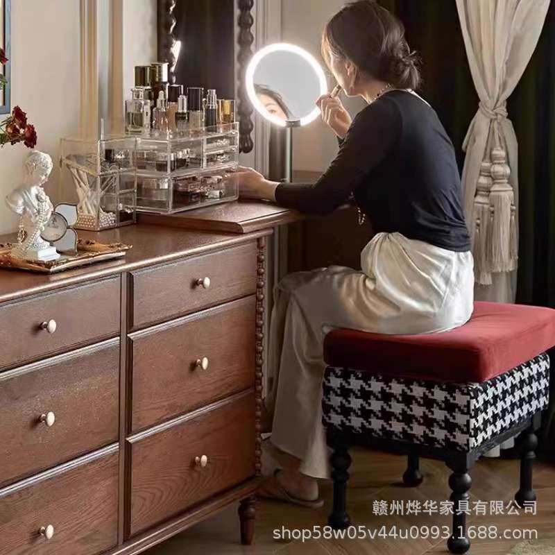 中古风白蜡木赫本梳妆台妆凳设计师法式复古实木卧室化妆收纳一体