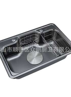 加厚拉丝压纹黑色港湾一体拉伸大单槽304水槽不锈钢平盖下水7548B