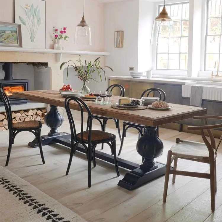 美式复古全实木餐桌家用饭桌欧式客厅长桌原木简约做旧茶桌洽谈桌