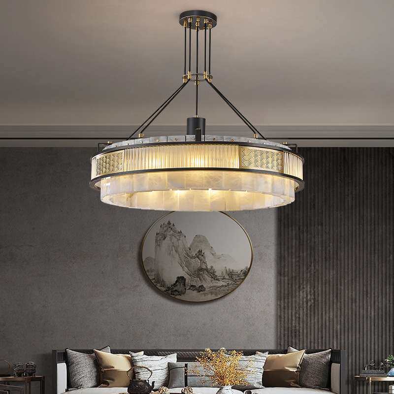 新中式云石吊灯大厅轻奢客厅灯全铜别墅圆形餐厅卧室灯复古风