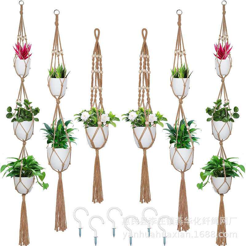 手工编织花盆网兜植物纤维悬挂阳台花盆跨境吊篮网兜悬挂吊篮花盆