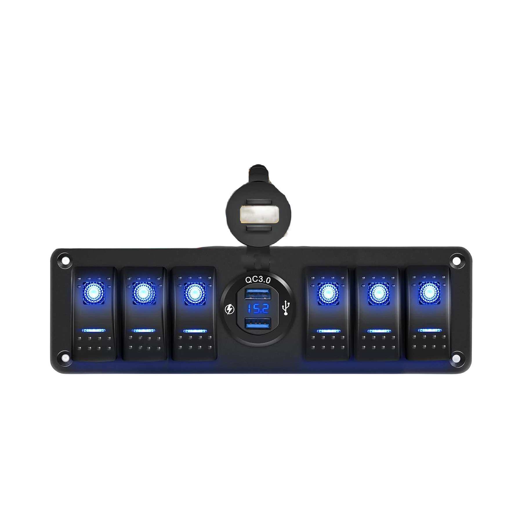 六位改装车船型开关面板 蓝色5P翘板开关带QC3.0车载充电器