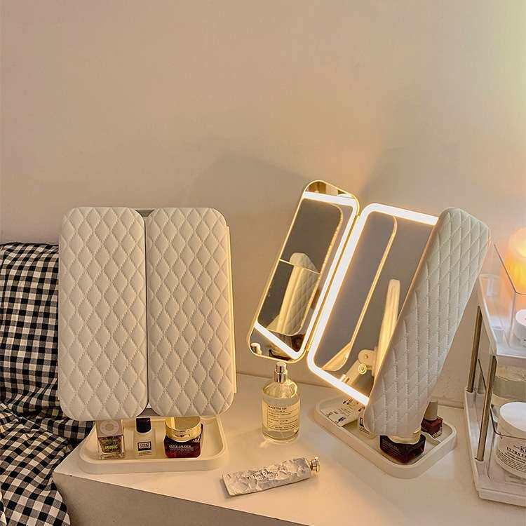 贝壳双开门led化妆镜带灯收纳盒一体台式桌面折叠可调节镜子学生