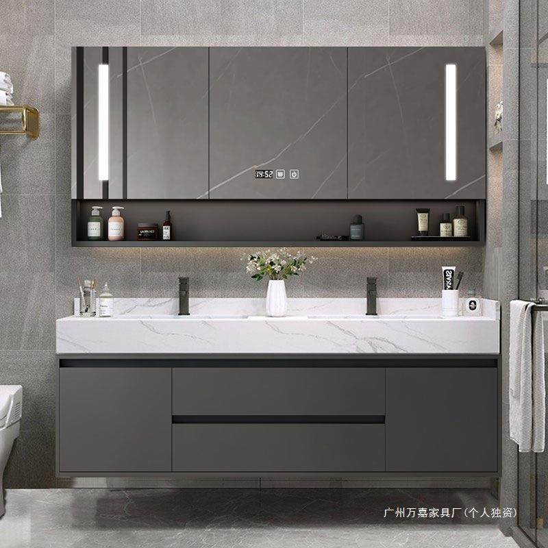 智能镜柜岩板热弯一体无缝陶瓷双盆浴室柜组合可丽耐一体盆洗脸柜