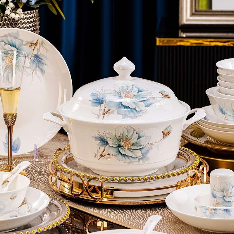 娟秀牡丹碗碟套装家用轻奢中式2025新款釉下彩景德镇骨瓷碗盘单品