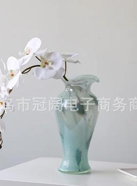 蓝色透明玻璃花瓶中式风格复古花边装饰花器摆件客厅玄关插花水培