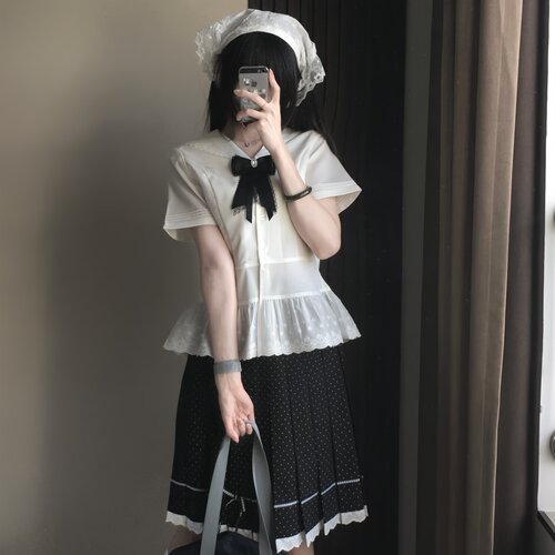 栖月日系JK衬衫波点花边甜美套装
