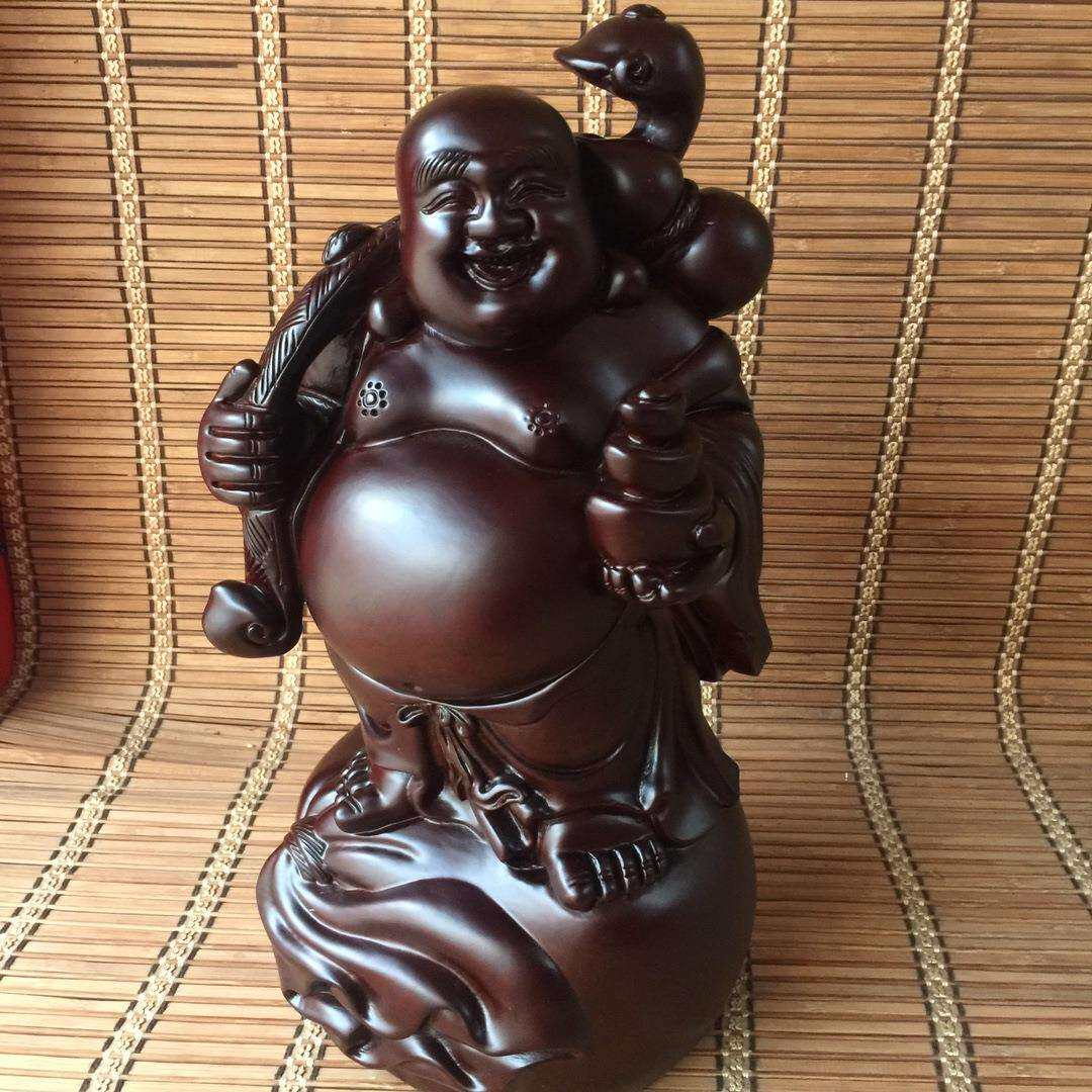 黑檀木布袋拿元宝如意佛摆件笑佛客厅装饰木质工艺品厂家货源