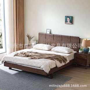 胡桃木床全实木主卧双人床1米8大床1.5m简约北欧小户型齐边悬浮床