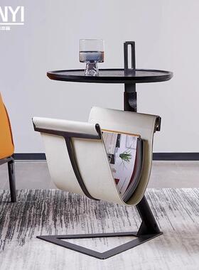 YH025H意式极简马鞍皮边几创意不锈钢置物架轻奢圆形收纳角几移动