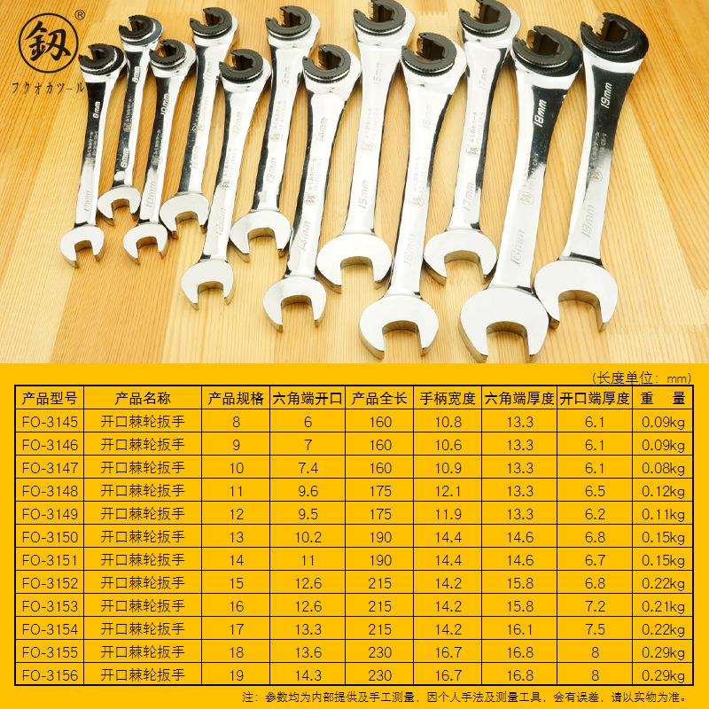 福冈工具开口油管叉口棘轮扳手可转72齿固定头半开口棘轮两用扳手
