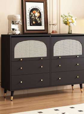 黑色藤编斗柜餐边柜一体法式复古客厅餐厅靠墙收纳柜多功能储VSa