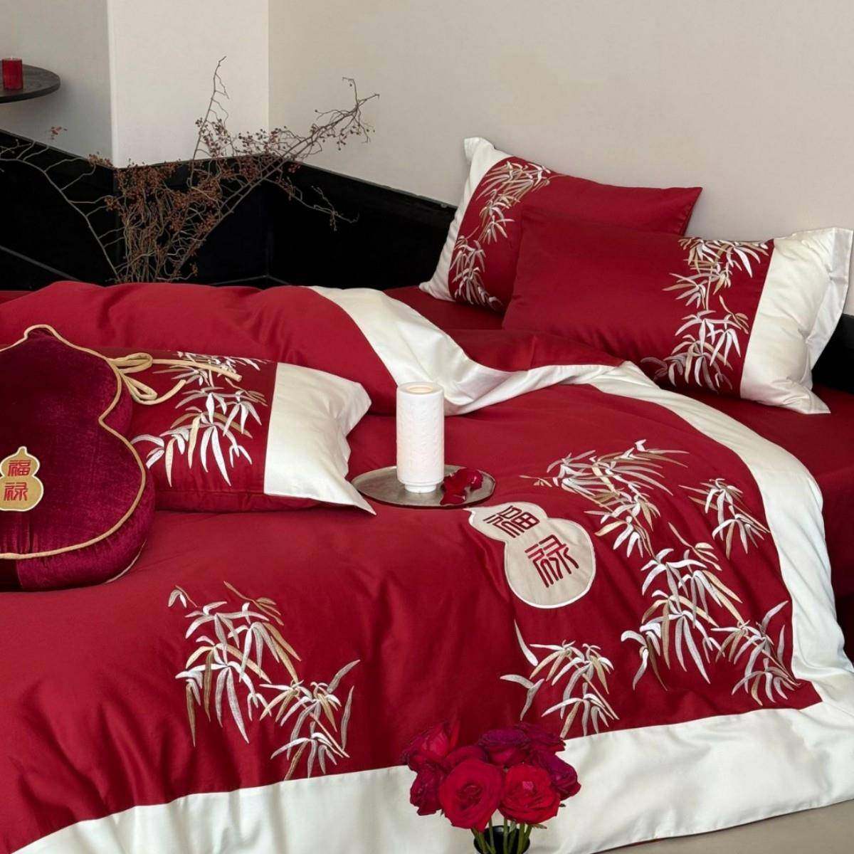 新中式婚庆红色竹子福禄贴布绣双色全棉被套床单新婚长绒棉四件套