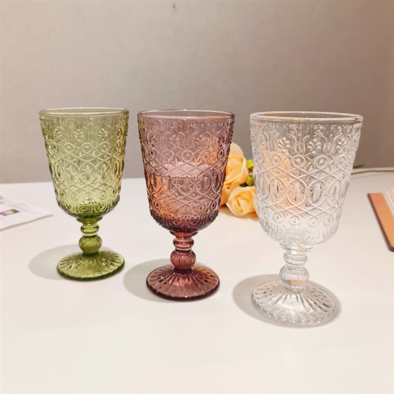 欧式复古繁花原色m玻璃高脚杯 浮雕红酒杯高档葡萄酒杯洋酒杯加厚