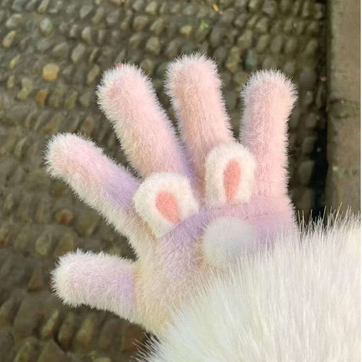 【下单立减50】萌宠耳朵可爱小猫毛绒兔子手套女冬少女心YZ05