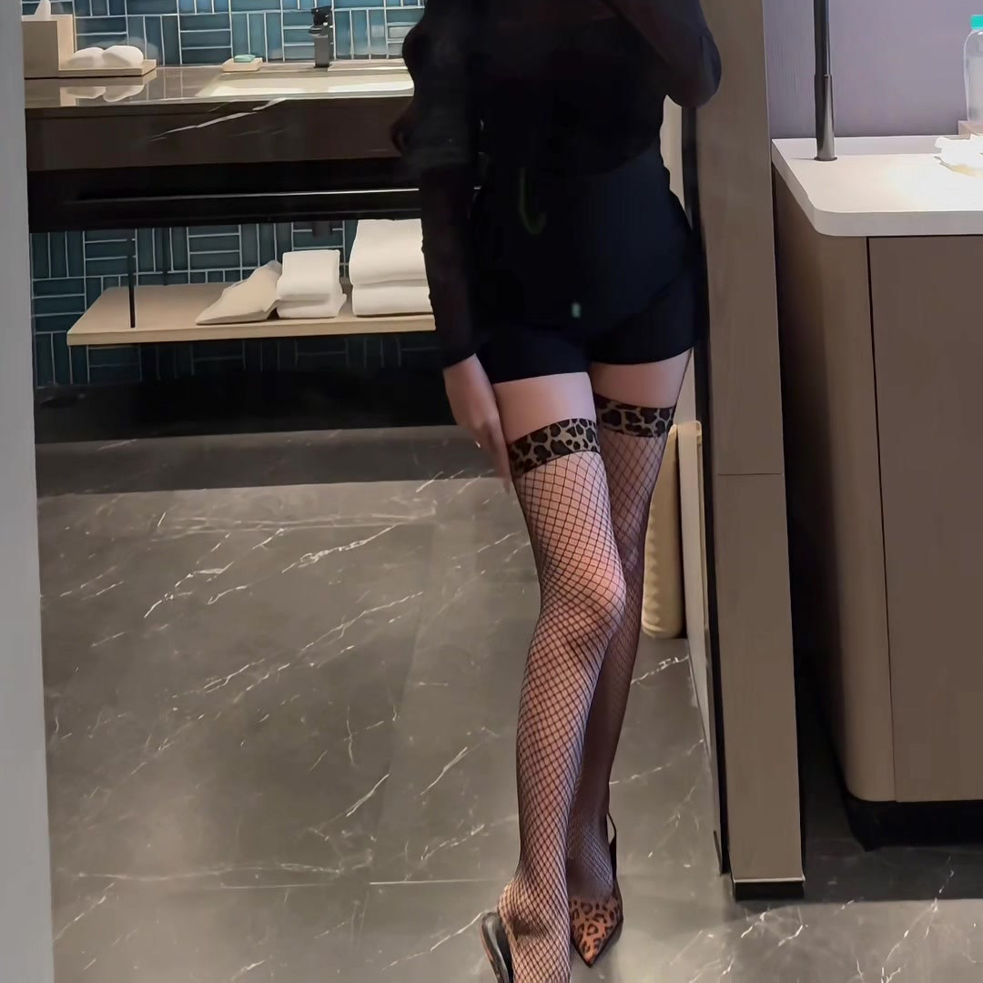 性感豹纹网格过膝袜女防滑超薄长筒袜黑丝美腿袜网眼四季通用黑色