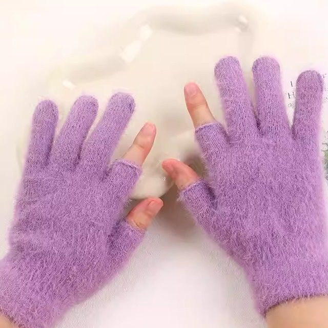 冬季二指露指触屏提花拉毛保暖针织毛绒学生款厚冬季半指手套Y32