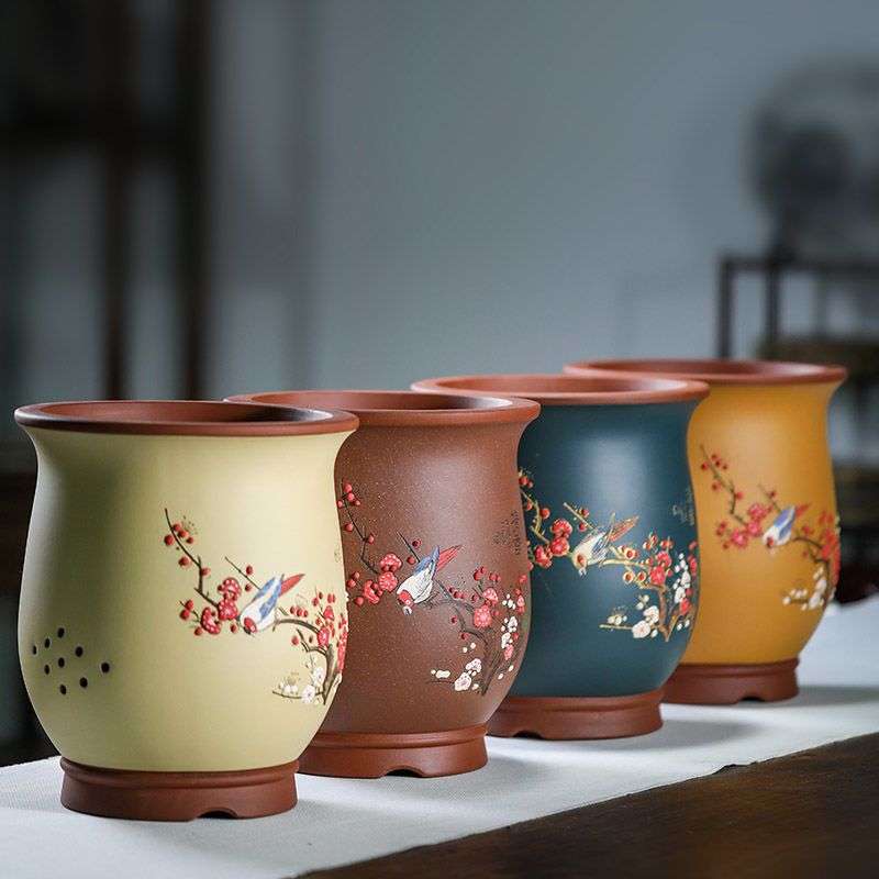 宜兴紫砂花盆精品花盆兰花盆桌面绿植古典花盆手工刻绘圆形