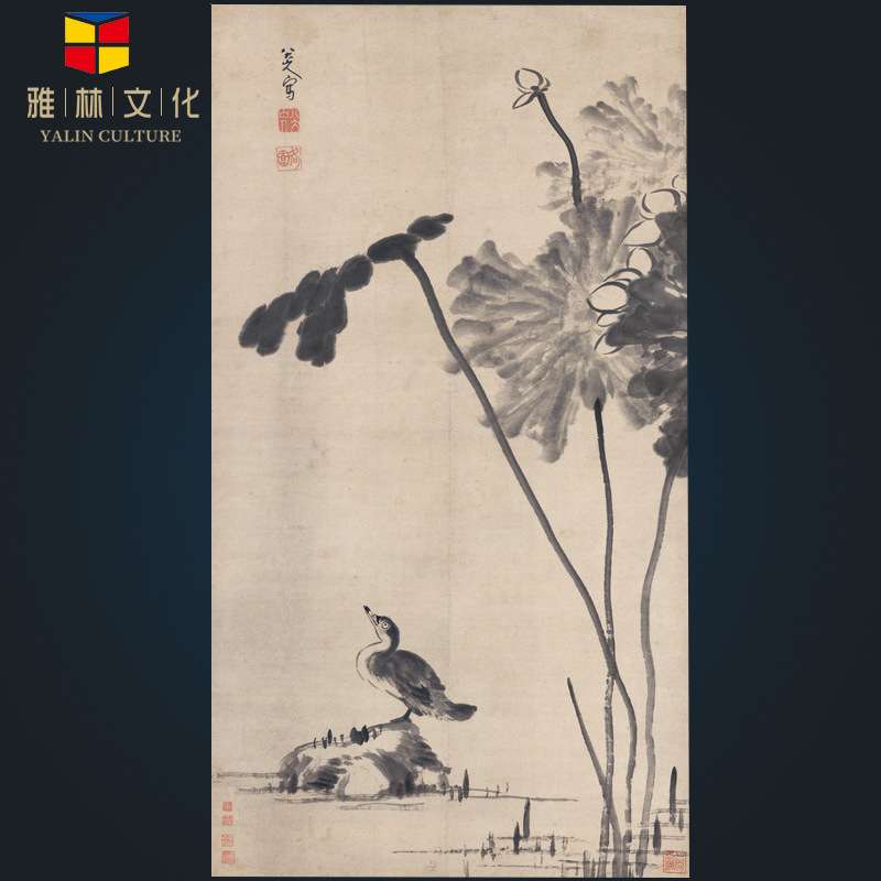 雅林文化新中式名家字画八大山人荷花鸟画挂画客厅国画