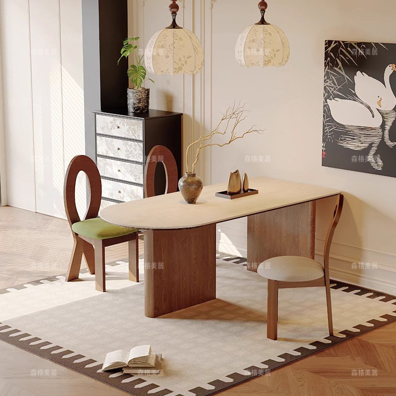 德利丰岩板洞石i法式餐桌家用小户型复古中古半圆长方形餐桌子客