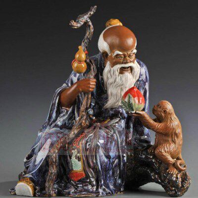 陶瓷工艺品石湾公仔家居装饰品礼品精品福禄寿寿星公摆件灵猴献寿