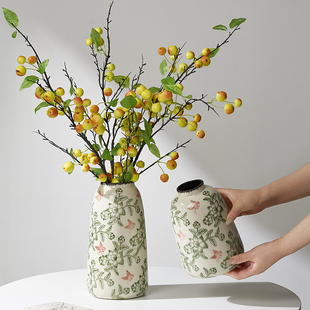 轻奢冰裂纹陶瓷花瓶绿花田园风格 客厅插花摆 青花瓷中国风新中V式