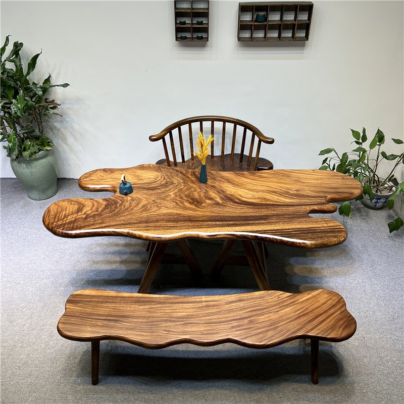 胡桃木实木大板桌随形自然边小茶几阳台茶桌椅组合家用泡茶台雨木