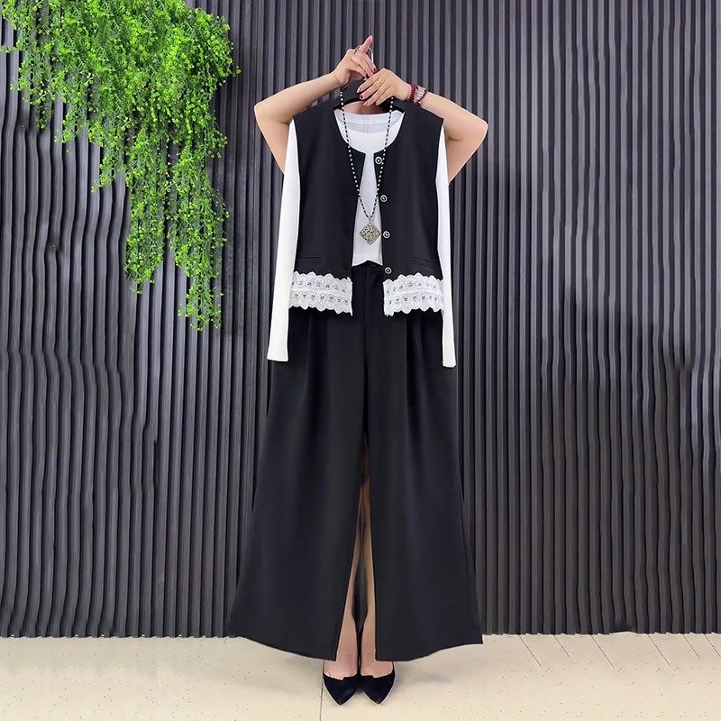 加肥拼色底摆马甲圆领打底衫阔腿长裤胖妹妹气质通勤风显瘦三件套,女装/女士精品,大码套装,淘宝优惠券,粉丝福利购,淘宝优惠卷