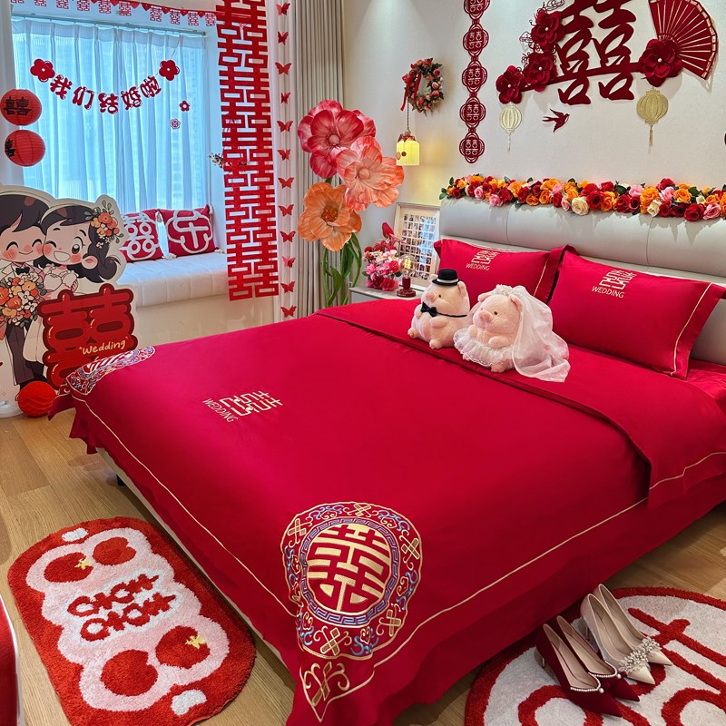 高端中式160支长绒棉结婚四件套大红色喜字刺绣全棉纯棉被套婚庆6