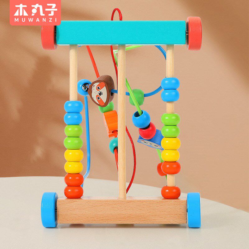 儿童动物绕珠拖拉车多功能拖拉学步车男女孩宝宝0-3岁木制玩具