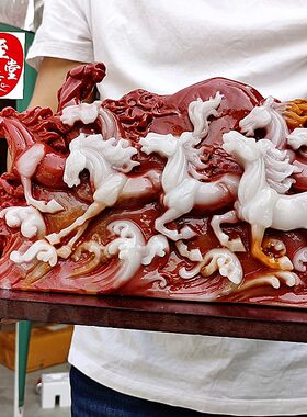 马雕红原石玉石八寿山石客厅装饰收藏大摆仿件八骏图古玩白品