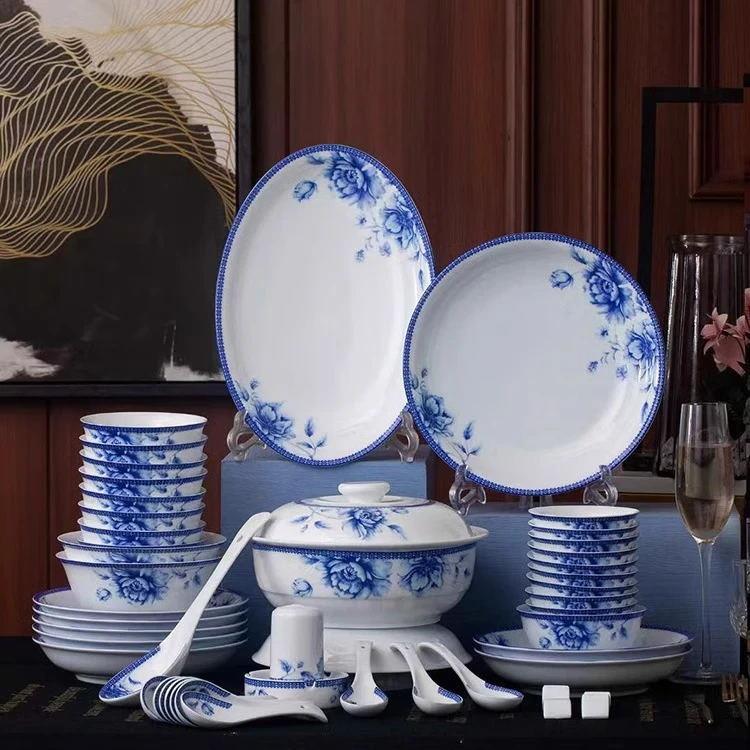 高温釉下彩景德镇青花瓷餐具套装碗碟鱼盘面碗高脚碗饭碗筷子