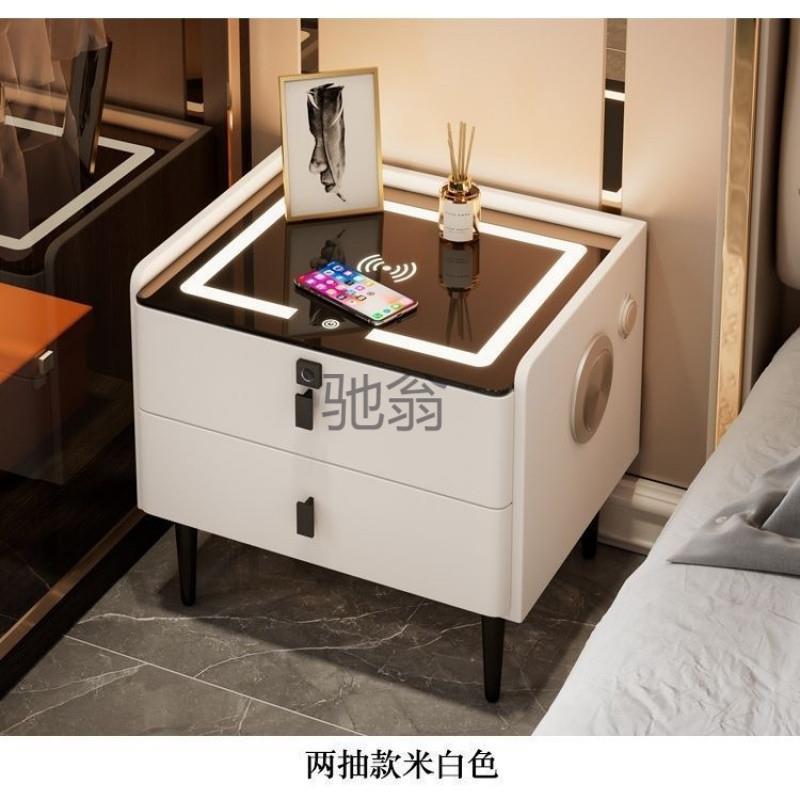 lw0智能实木床头柜卧室家用轻奢简约无线充带灯多功能三层床边柜