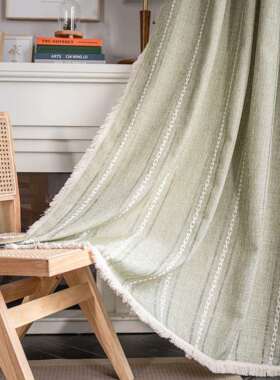 伊缦琪韵窗帘成品条纹绣花绿色纯色撞色厨房帘乡村风格半遮光飘窗