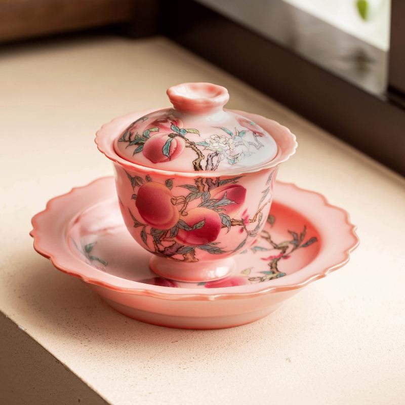 粉汝粉彩九桃盖碗陶瓷茶杯家用会客大号中式复古单个高档带盖茶碗
