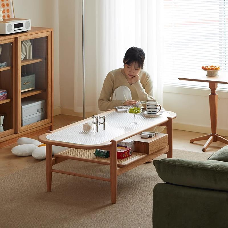 北欧实木茶几小户型家用日式樱桃木茶桌藤编玻璃长方形客厅家具