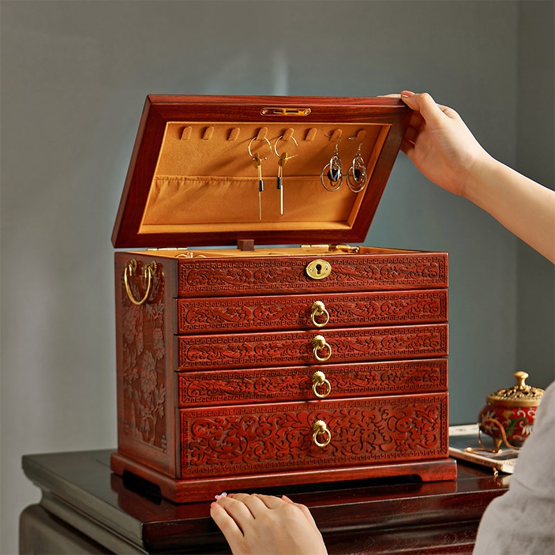 小叶紫檀首饰收纳盒实木手饰品盒中式实木珠宝盒红木结婚礼物